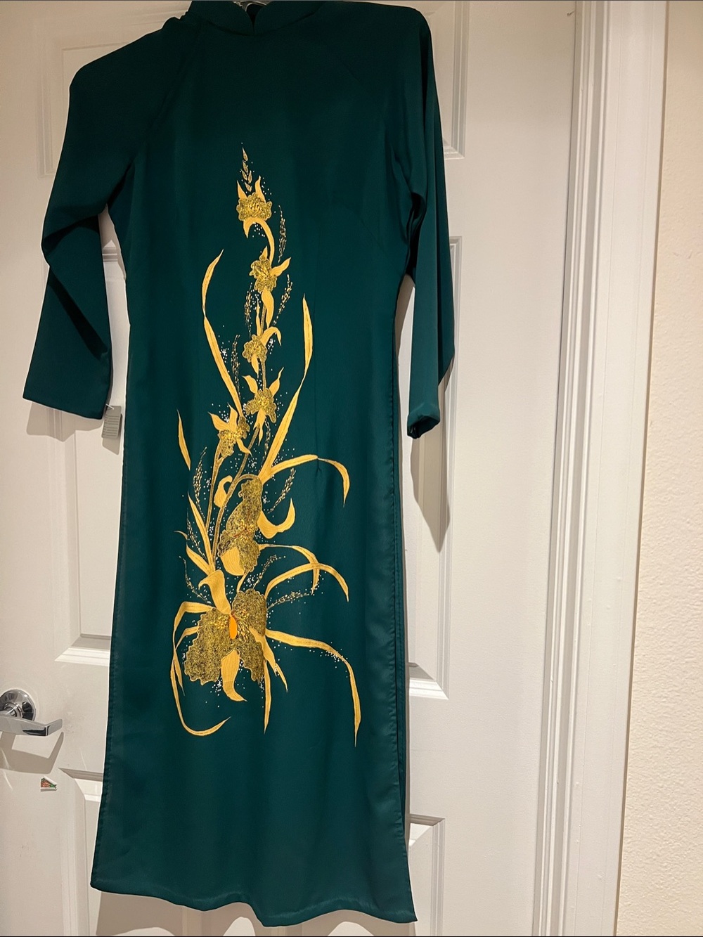 Vintage Emerald Green Floral Long Dress with Gold Print